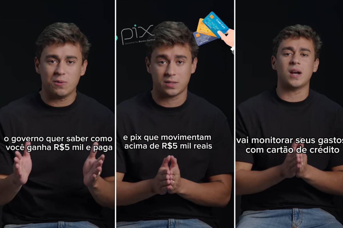 A imagem apresenta três quadros de um vídeo onde um jovem está falando. O fundo é escuro e o jovem está usando uma camiseta preta.