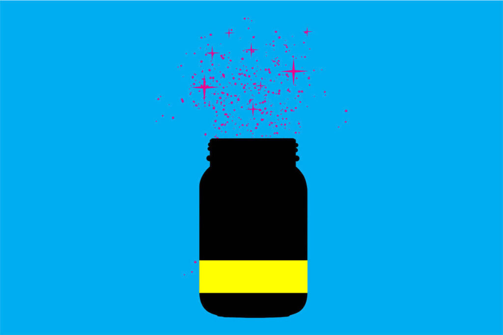 ilustração colorida de um pote grande preto aberto sobre um fundo azul emanando um um pó rosa com estrelas