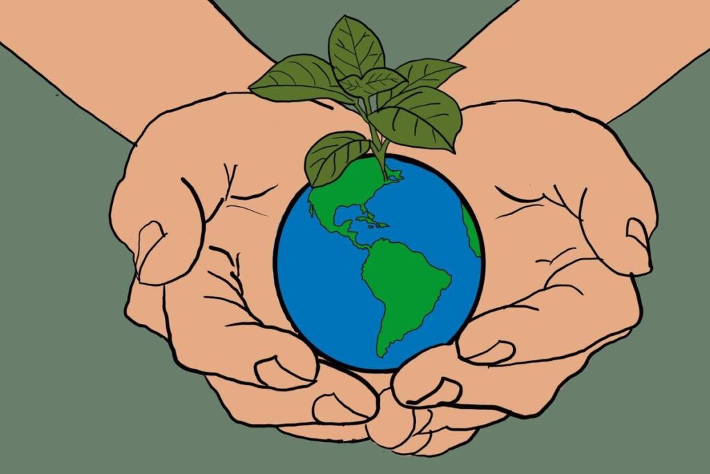 A imagem mostra duas mãos abertas segurando um globo terrestre. O globo é azul com continentes verdes e possui uma planta verde brotando do topo. O fundo da imagem é de cor verde.