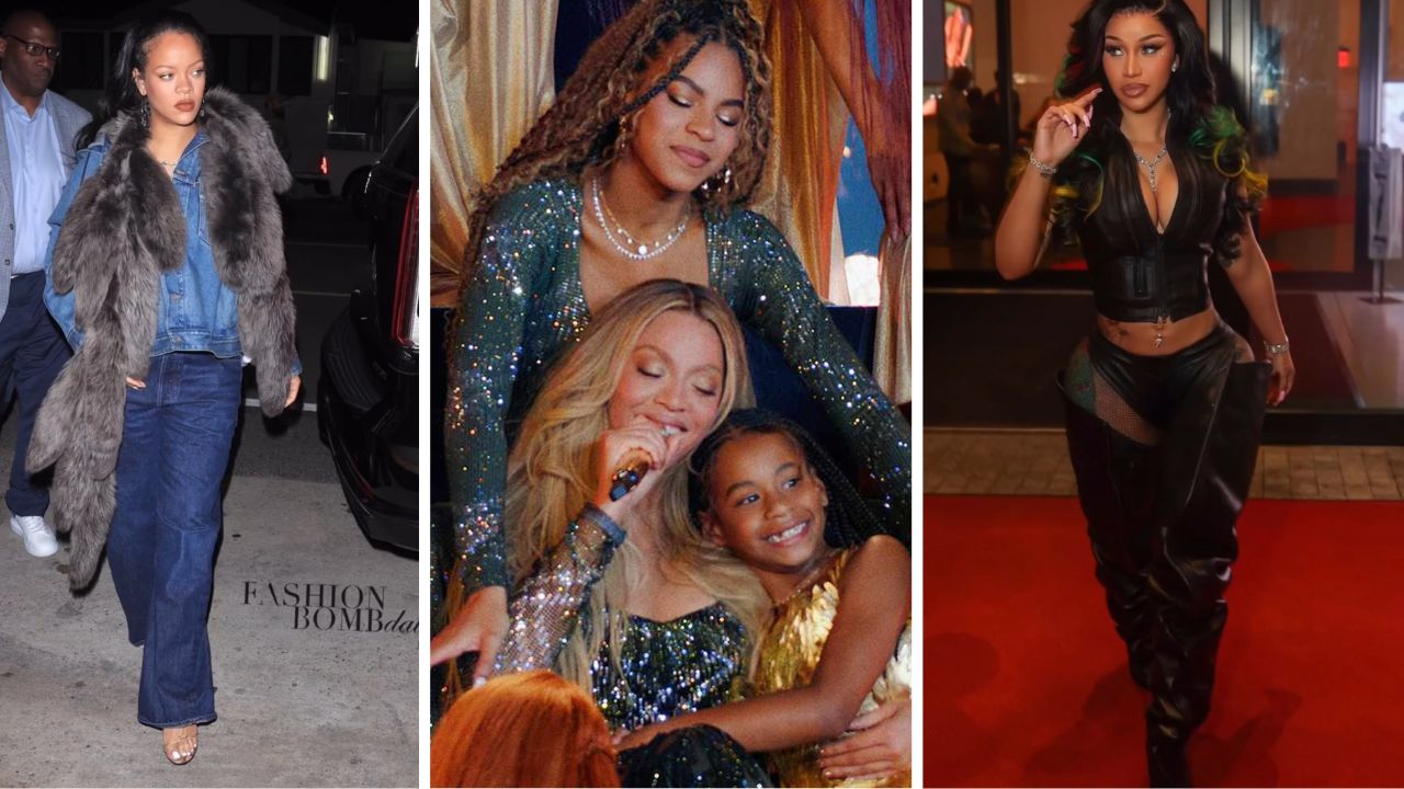 Fashion Bomb Daily Top 5 Celebrity Looks de abril: Rihanna em uma jaqueta de jeans azul, Beyonce e Kids se apresentam em looks embelezados de Burberry, Cardi B em um conjunto de Jagne preto + mais!