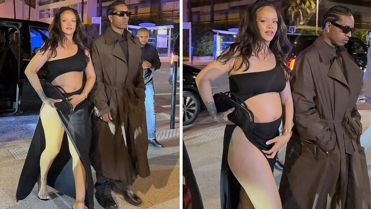 Rihanna sai em um vestido preto de recorte Alaia Maxi com um $ AP Rocky em uma jaqueta e terno marrom calvin klein