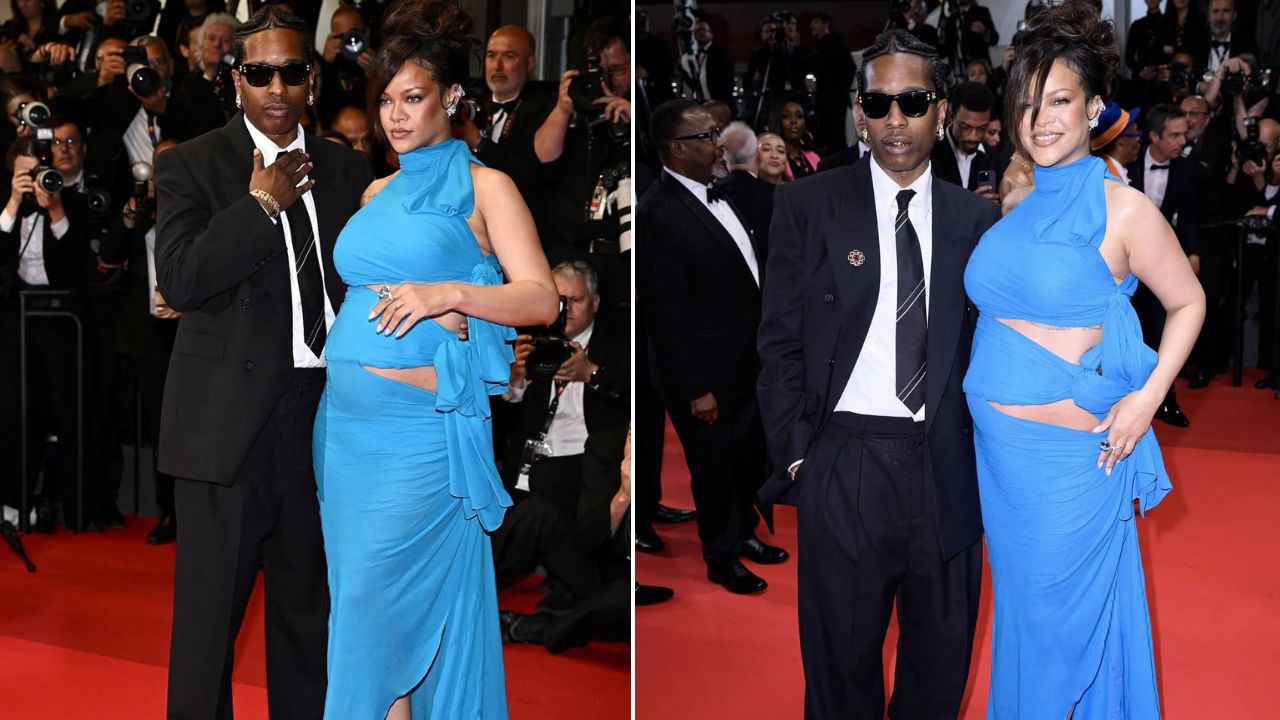 Rihanna atordoou em um vestido de corte turquesa de alaiia com Beau A $ AP Rocky em um traje YSL preto na estréia 'mais alta mais baixa' em Cannes