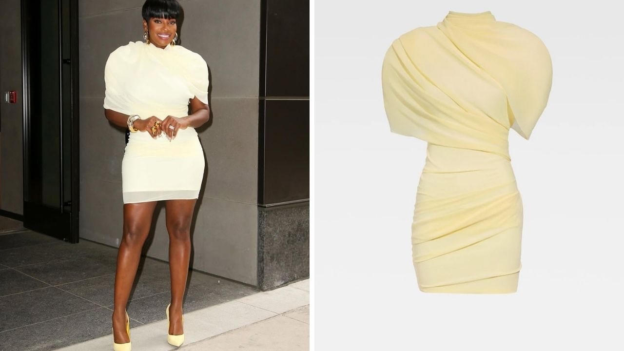 Shamea Morton usava um vestido de jacquemus amarelo pálido de US $ 1.690 enquanto faz a imprensa