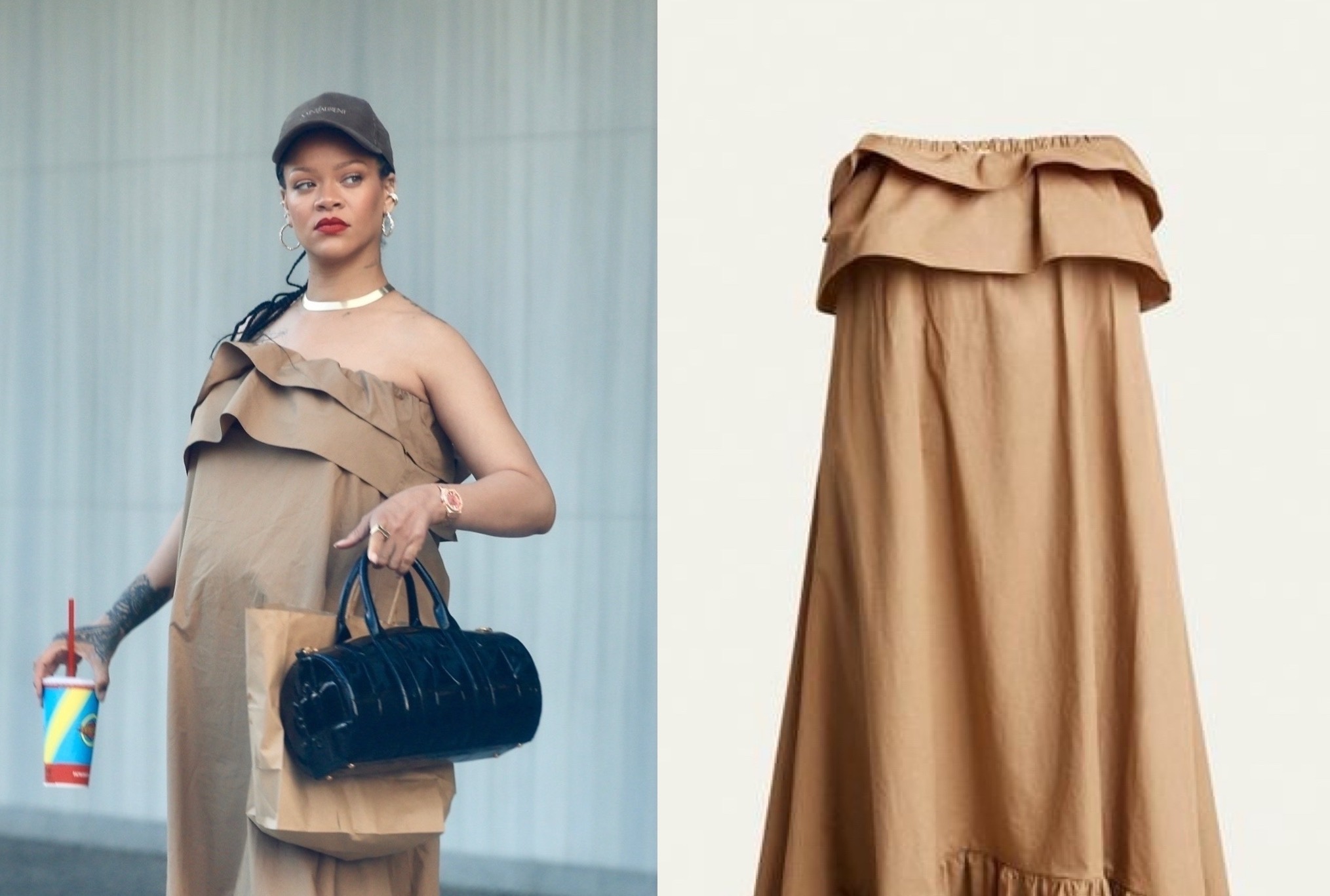 Rihanna usa vestido de algodão YSL de luz marrom e bolsa schiaparelli para desenho de gordura