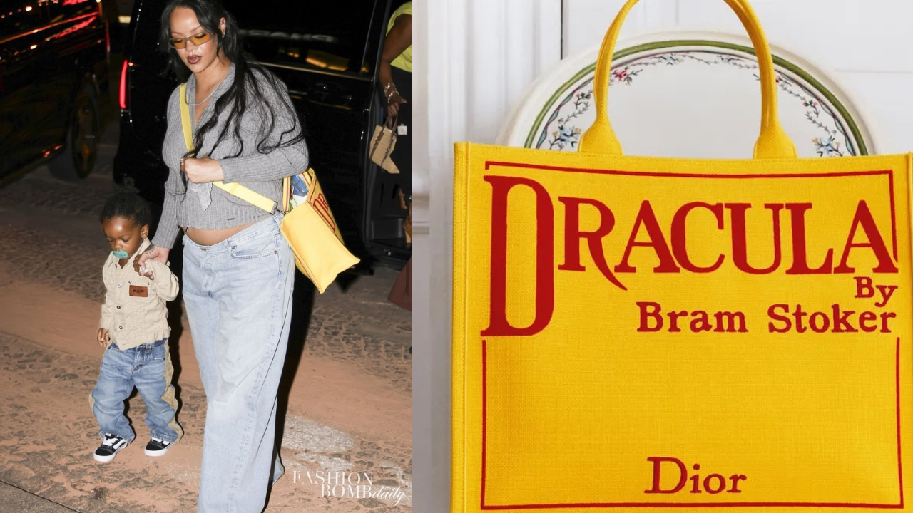 Acessórios para bombas da moda: Rihanna ostentou uma Dior amarela 'Drácula' de Jonathan Anderson com filho Rza em Paris