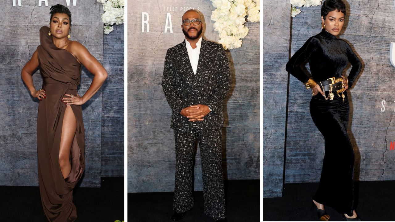 Em cena na estréia de Straws: Taraji P. Henson atordoa em um vestido marrom Stephanie Rolland, Tyler Perry em um terno de Tweed Black Amiri, Teyana Taylor em um vestido preto schiaparelli e muito mais!