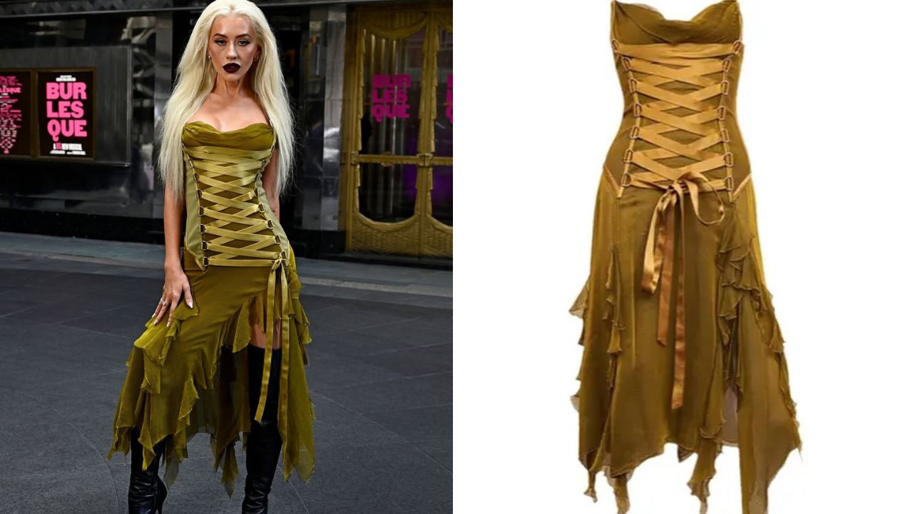 Christina Aguilera promoveu o novo musical burlesco na Broadway em um vestido verde da Versace Vintage