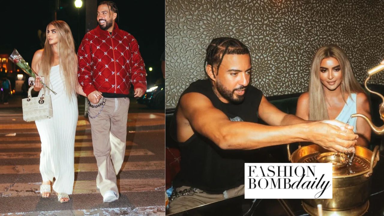 Casais de bombas da moda: Montana francês sai com a princesa de Dubai em uma jaqueta vermelha embelezada