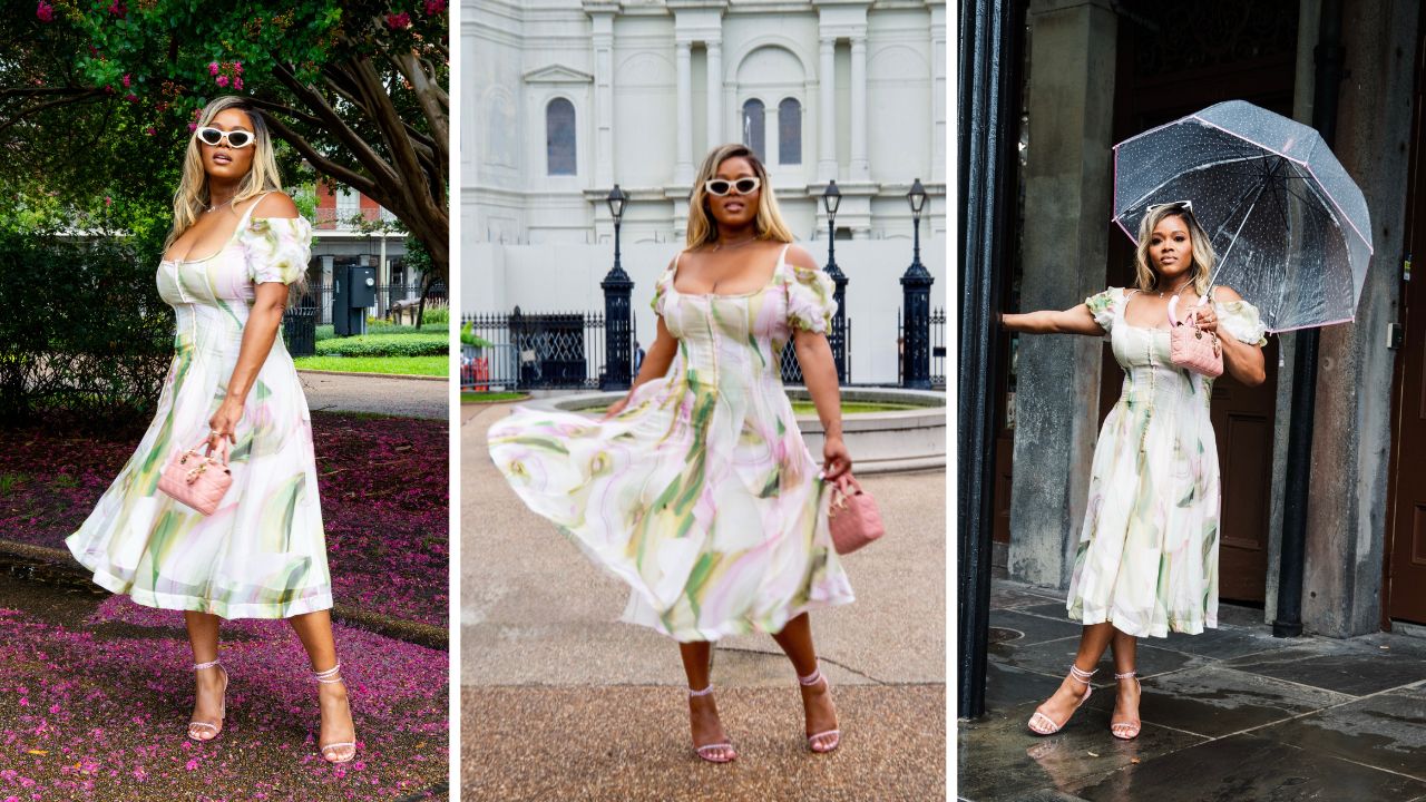 A CEO da Fashion Bomb Claire Sulmers atordoa em um vestido branco de Spero Sur Mer White durante o Essence Fest