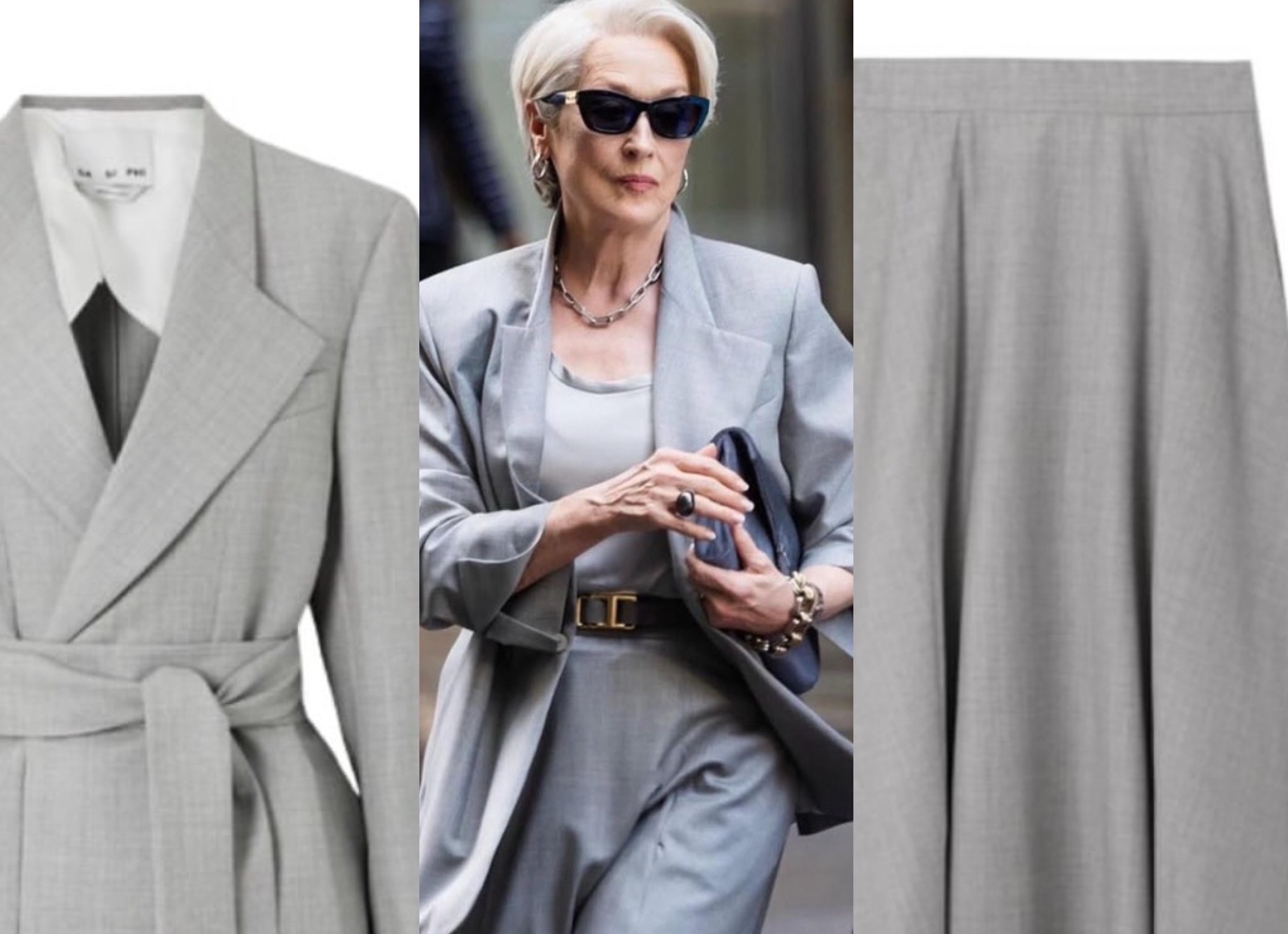 Meryl Streep usa cinza cinza Sasuphi Lauren Wool Suit no set do diabo usa Prada 2