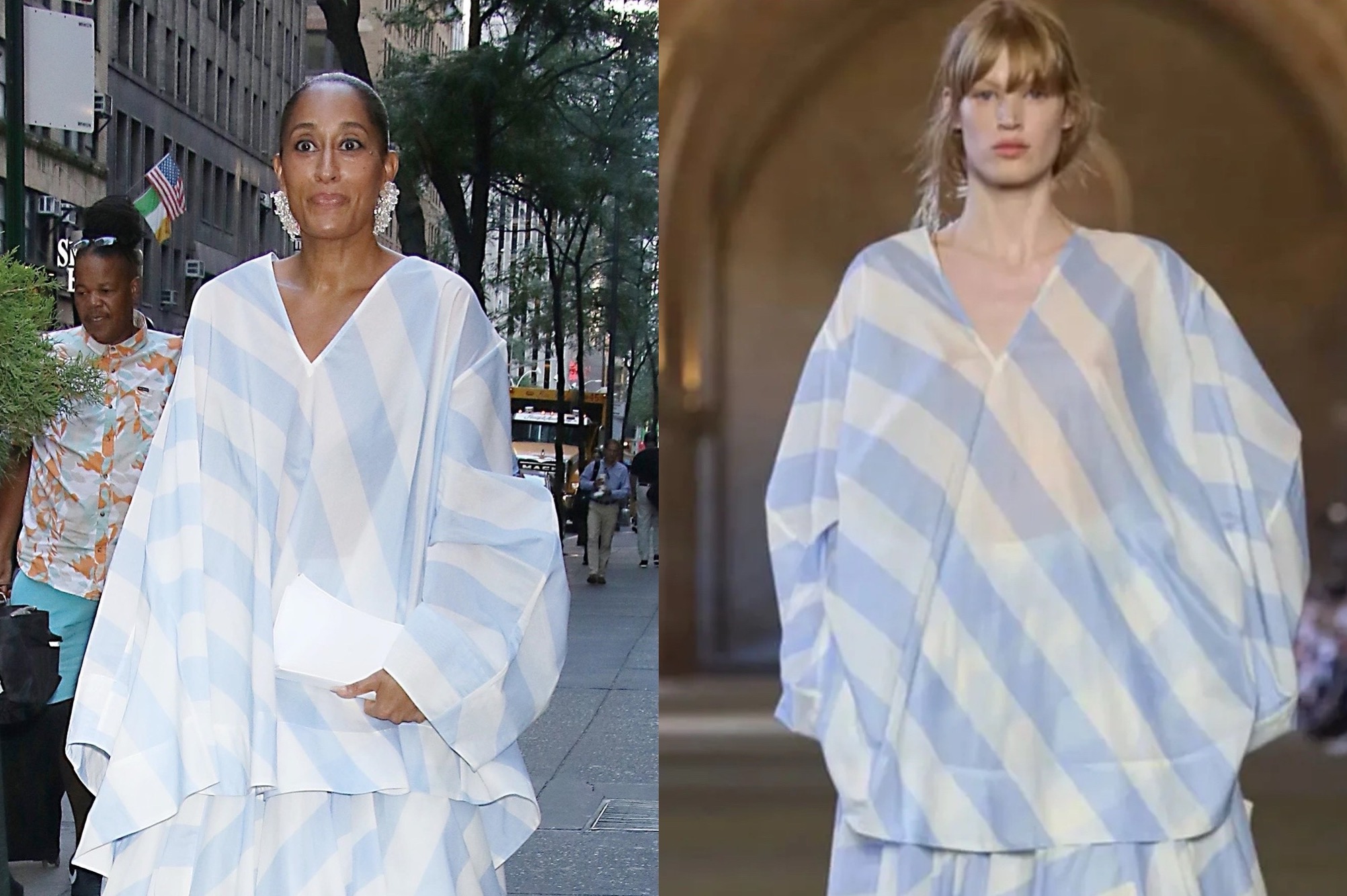 Tracee Ellis Ross usa jacquemus listrado azul e branco no set do show Today