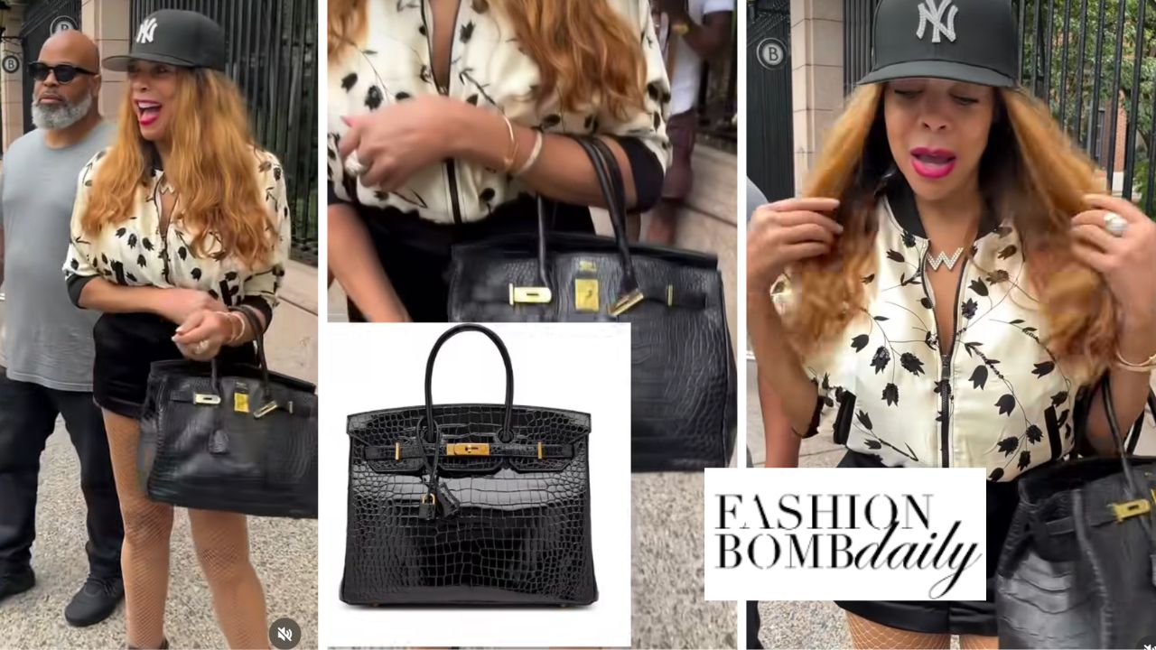 Wendy Williams foi capturada vestindo uma jaqueta de bombardeiro creme de creme Mel Maxi com uma bolsa Black Hermes Birkin e tênis Christian Louboutin