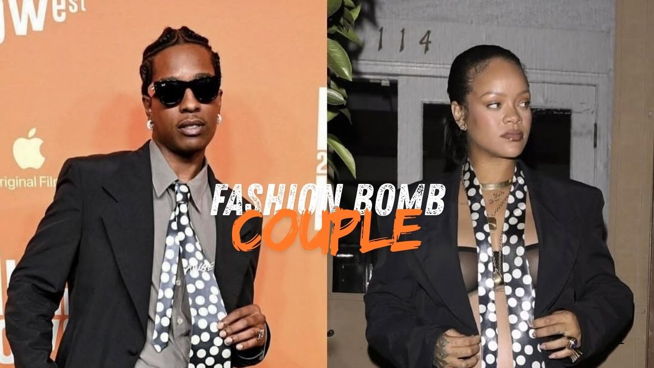 Quem usava melhor? A $ AP Rocky e Rihanna vistaram em ternos pretos de ERL com uma bolca de gravata em preto e branco