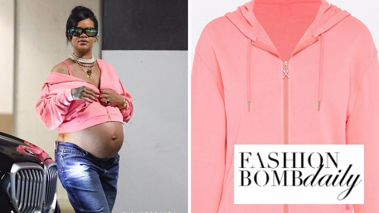 Rihanna ostentava um Cherry Pink Savage x Fenty Hoodie com jeans azul e botas de Timberland