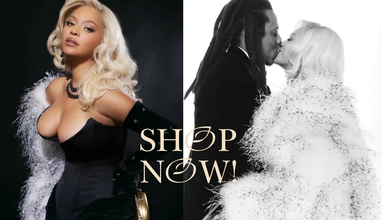 Loja diária da Bomba de moda: Beyonce atordoa em um vestido Black Christian Siriano com uma jaqueta branca de penas sob medida da FGM (compre o visual aqui!)