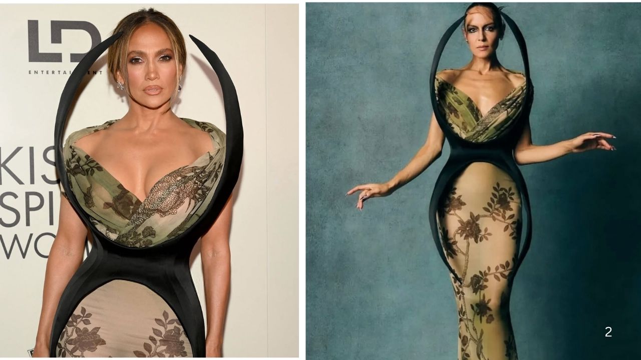 JLO se reúne com Ben Affleck na estreia de "Kiss Of The Spider Woman" em um vestido Harris Reed verde e marrom