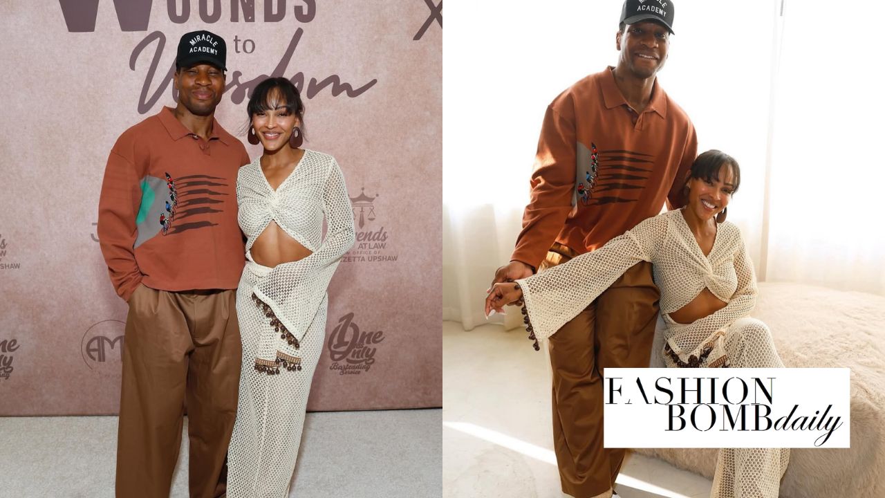 Meagan Good Wore aa Cream Andrea Iyamah se veste para um jantar "Wounds to Wisdom" ao lado do marido Jonathan Majors