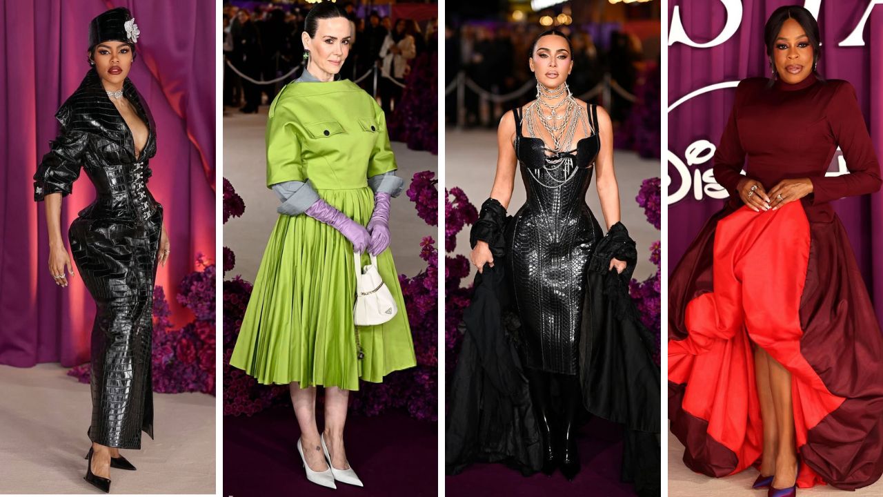 Estreia do Hulu All's Fair em Londres: Teyana Taylor em um vestido preto Tamara Ralph, Kim Kardashian em um look preto Dilara Findikoglu, Sarah Paulson em um vestido Prada verde limão e mais!