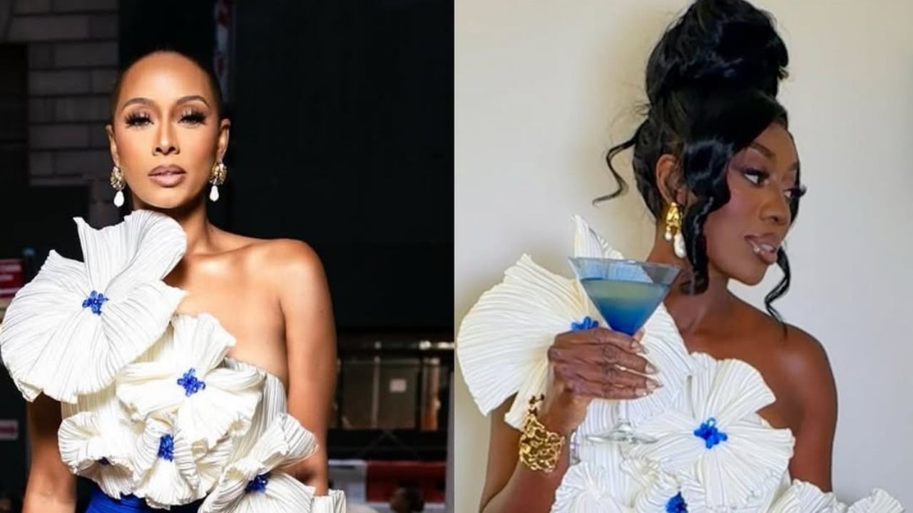 Celebridades adoram: Keri Hilson e Wendy Osefo espiadas em um vestido floral índigo Atelier branco e azul cobalto