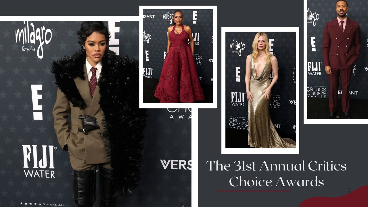Em cena no 31º Critics Choice Awards: Teyana Taylor em um terno Olive Saint Laurent, Elle Fanning em um vestido Gold Ralph Lauren, Michael B Jordan em Bordeaux Louis Vuitton Look e mais