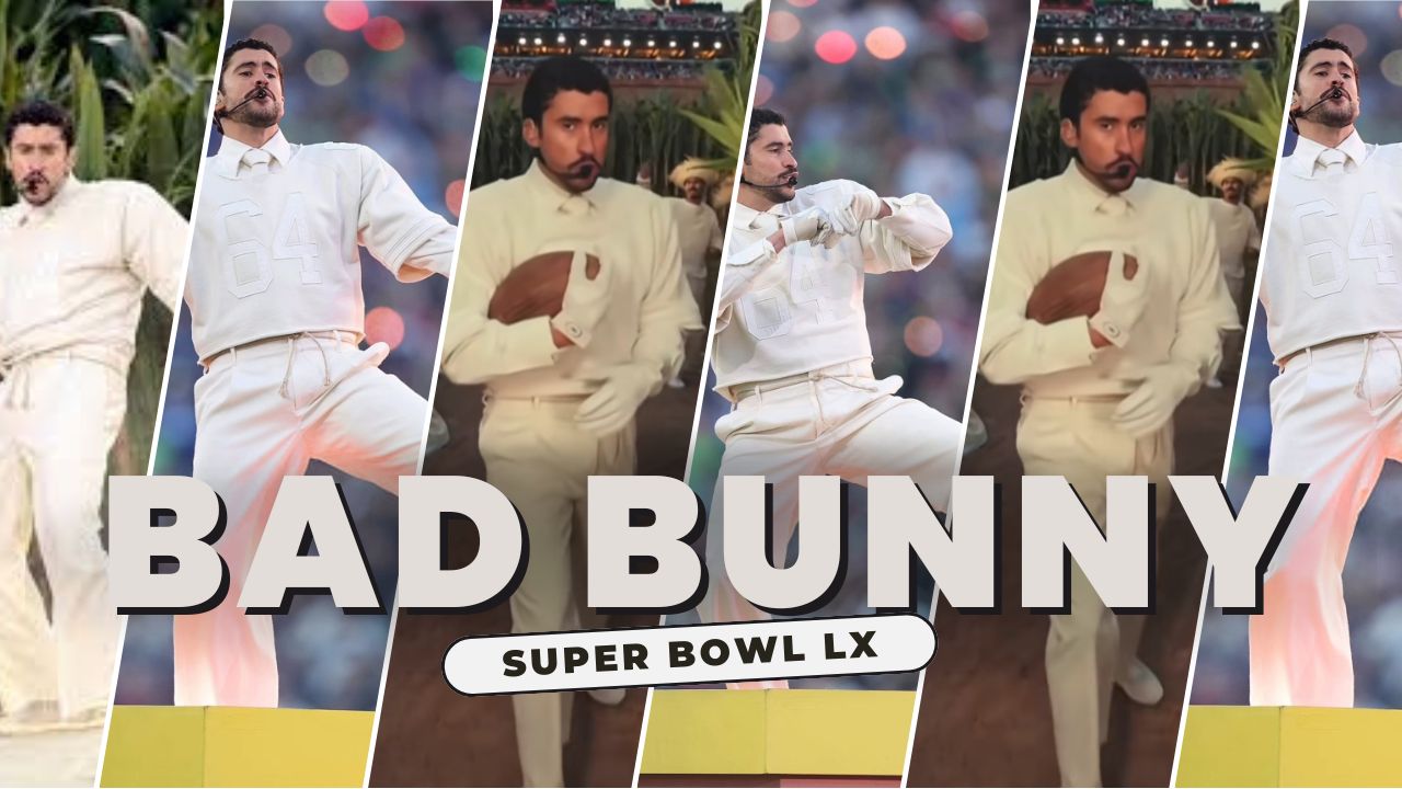Bad Bunny se apresentou no show do intervalo do Super Bowl LX com um look Zara creme personalizado, tênis Adidas BadBo 1.0 branco e um relógio Audemars Piguet