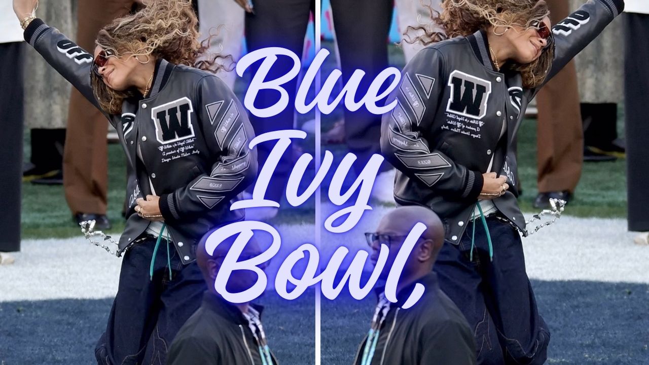Blue Ivy compareceu ao Super Bowl ao lado do Padre Jay-Z com uma jaqueta Off White Letterman e bolsa Balenciaga