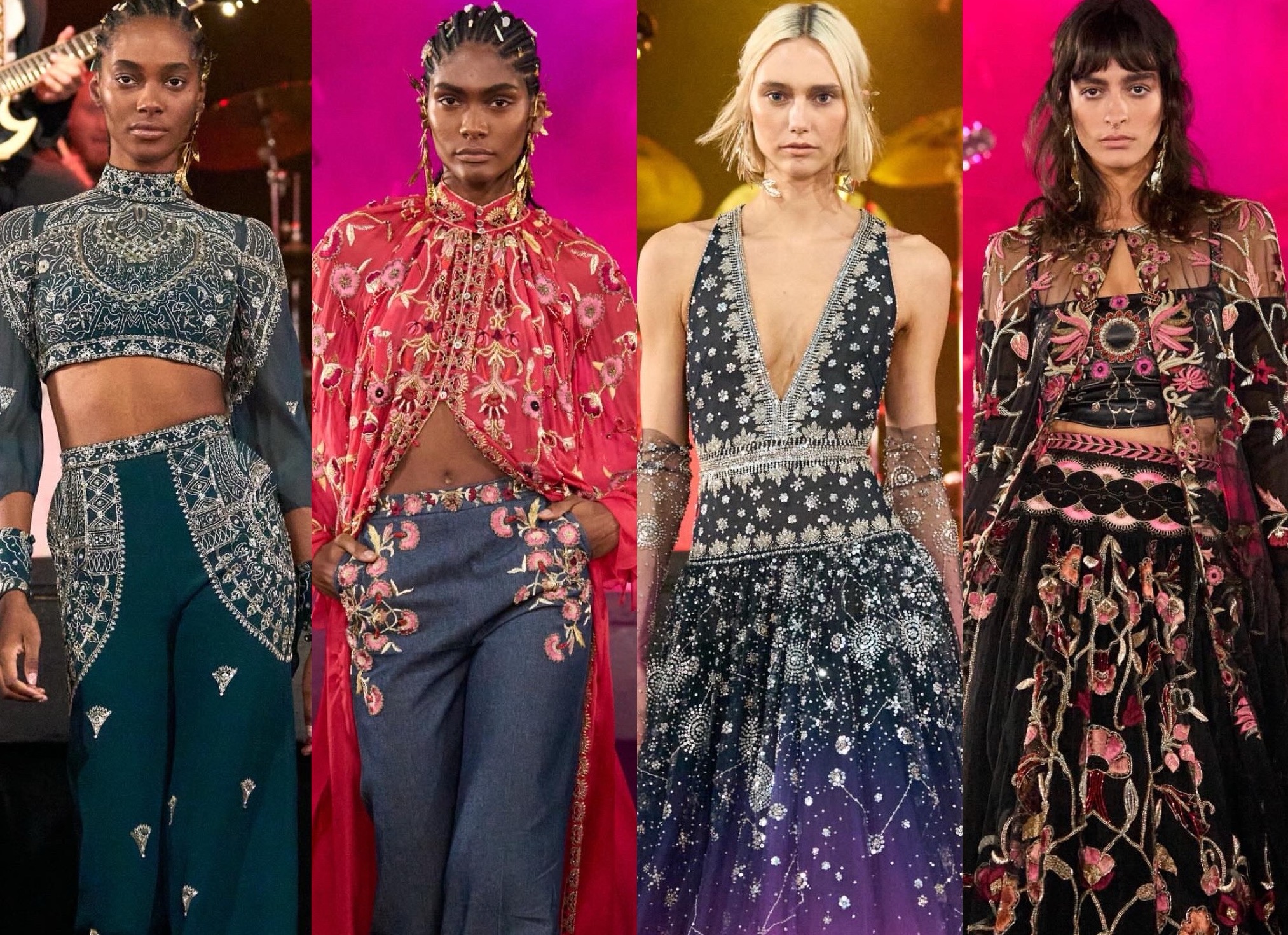 Em cena no Electric Cosmos Show de Cucculelli Shaheen no Bowery Ballroom: vestidos dourados com contas, ternos de veludo esmeralda e vestidos Ombre Celestiais
