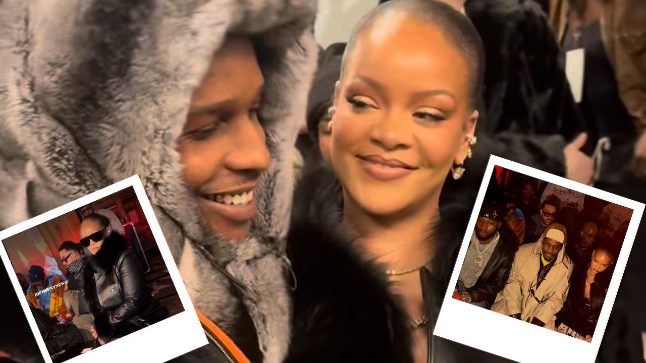 Rihanna participa do desfile da AWGE New York Fashion Week com look monocromático preto ao lado de A$AP Rocky