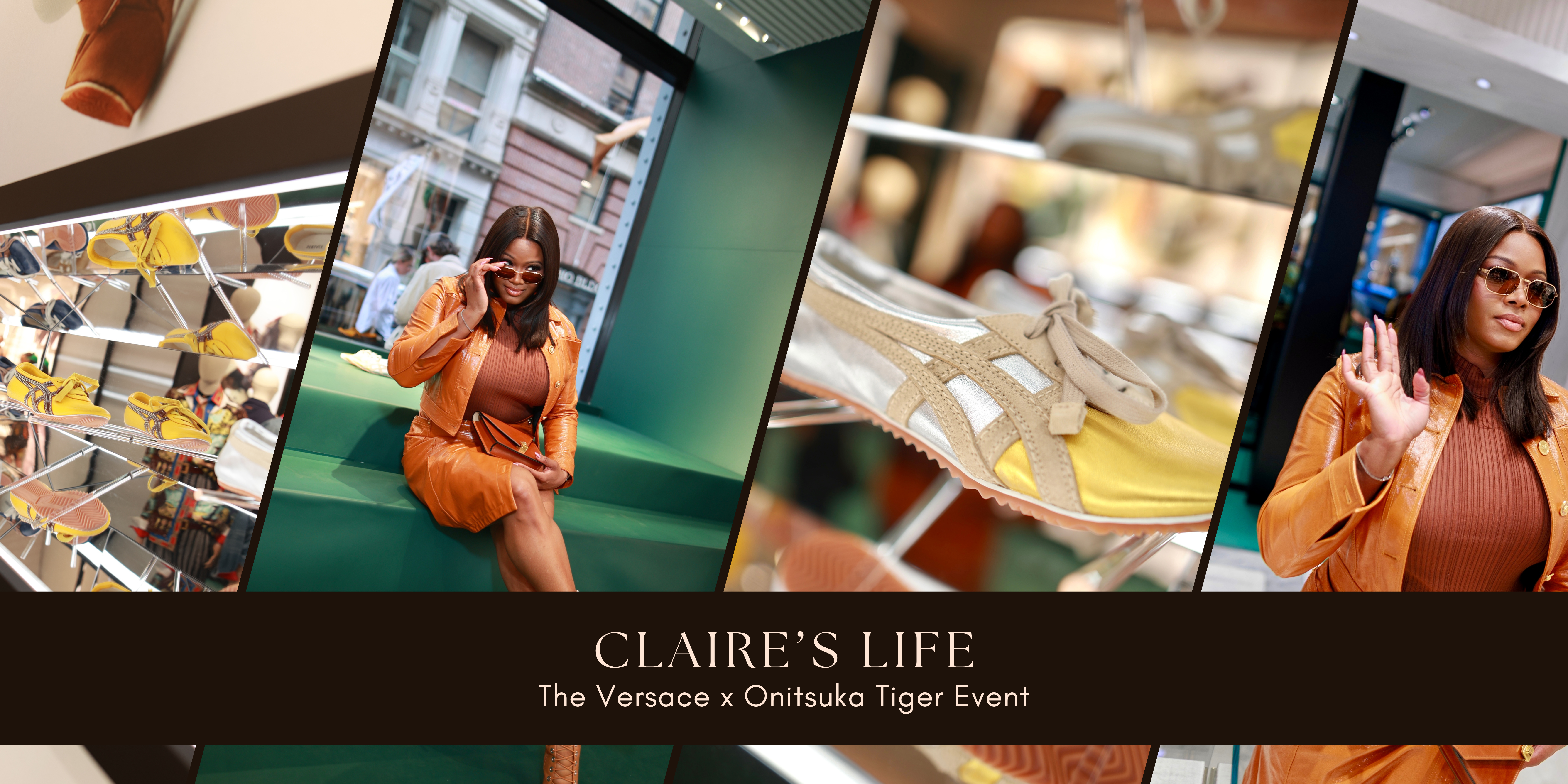 A vida de Claire: por dentro da celebração Versace x Onitsuka Tiger SoHo em couro caramelo e tênis chiques Tai-Chi