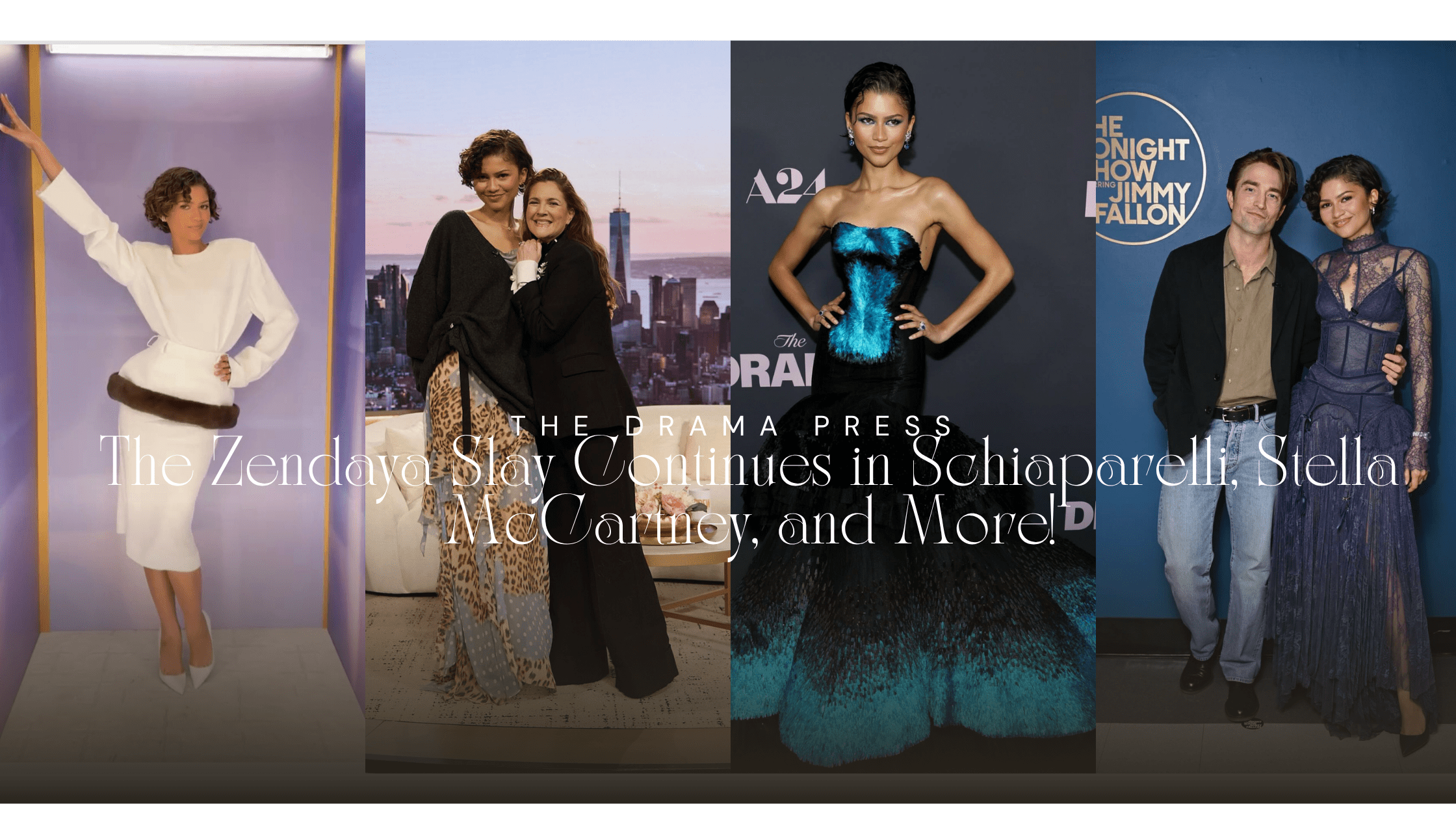 The Drama Slay de Zendaya continua com vestido Schiaparelli azul, vestido espartilho Zimmermann para Fallon Tonight, Erdem no GMA e muito mais!