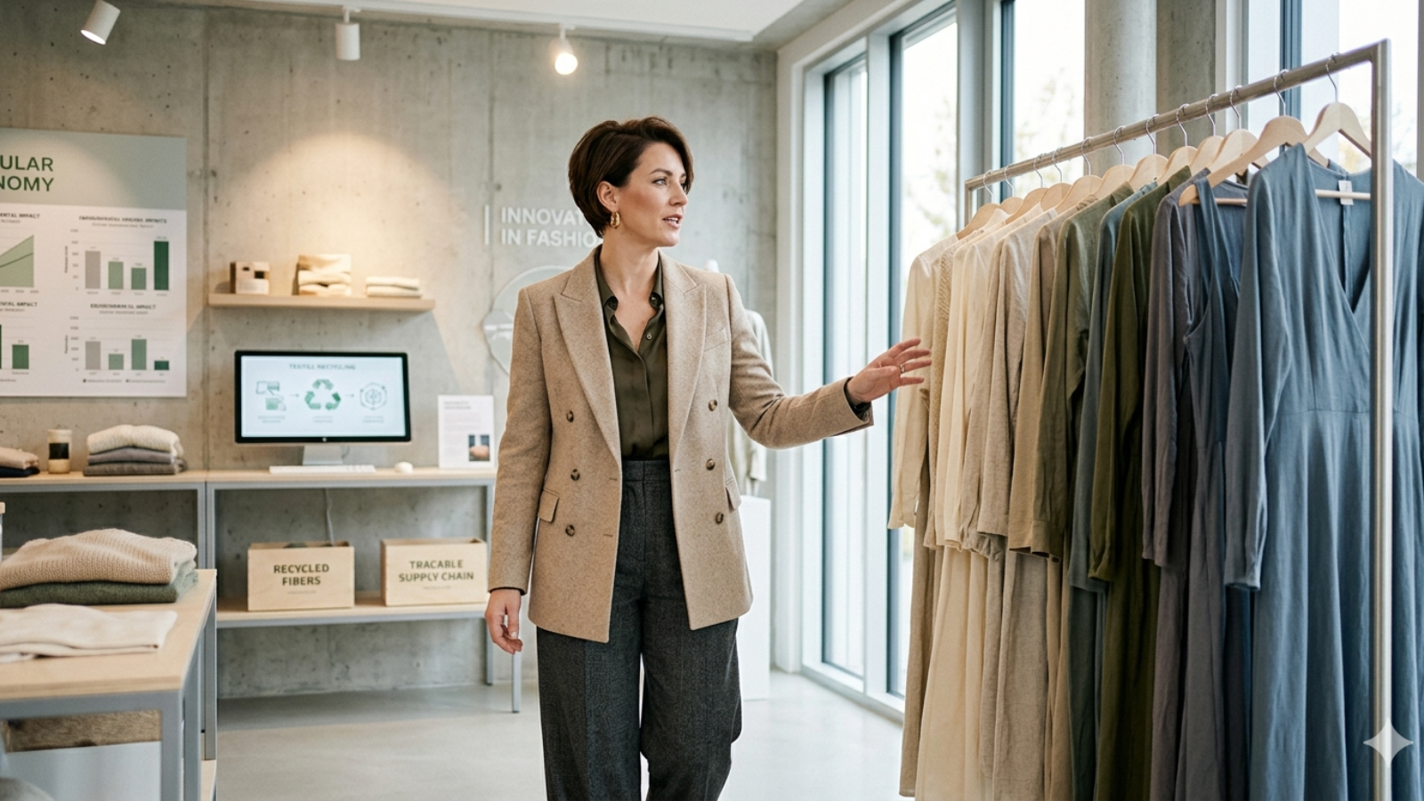 Empresária em showroom de moda sustentável analisando peças em tons neutros em ambiente moderno, com elementos visuais ligados à economia circular e inovação no setor fashion.