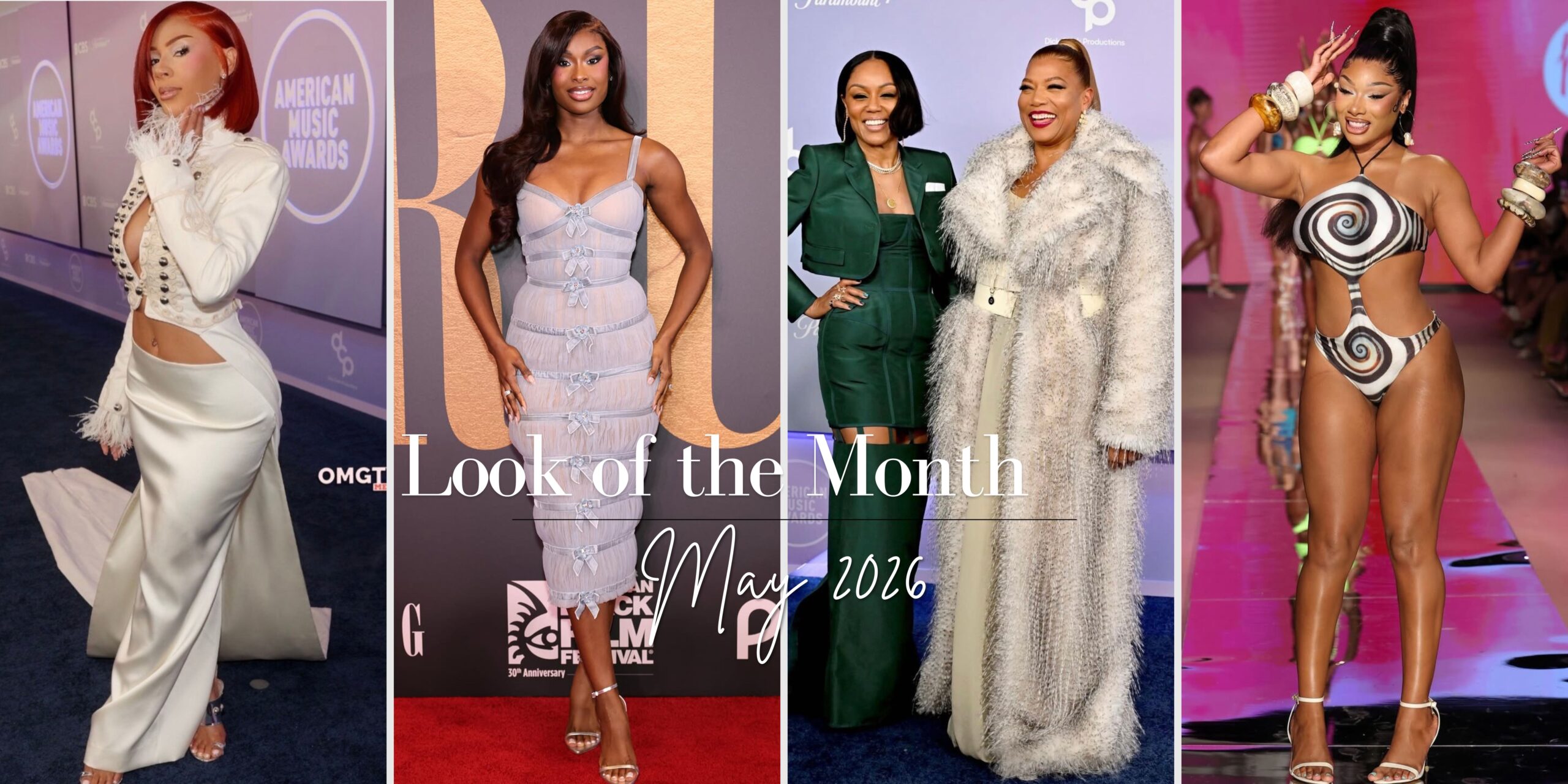 Look do mês de maio de 2026: Coco Jones em Geyanna Youness, vestido de aniversário de Remy Ma, garanhão Megan Thee na Miami Swim Week e Queen Latifah no AMA's!