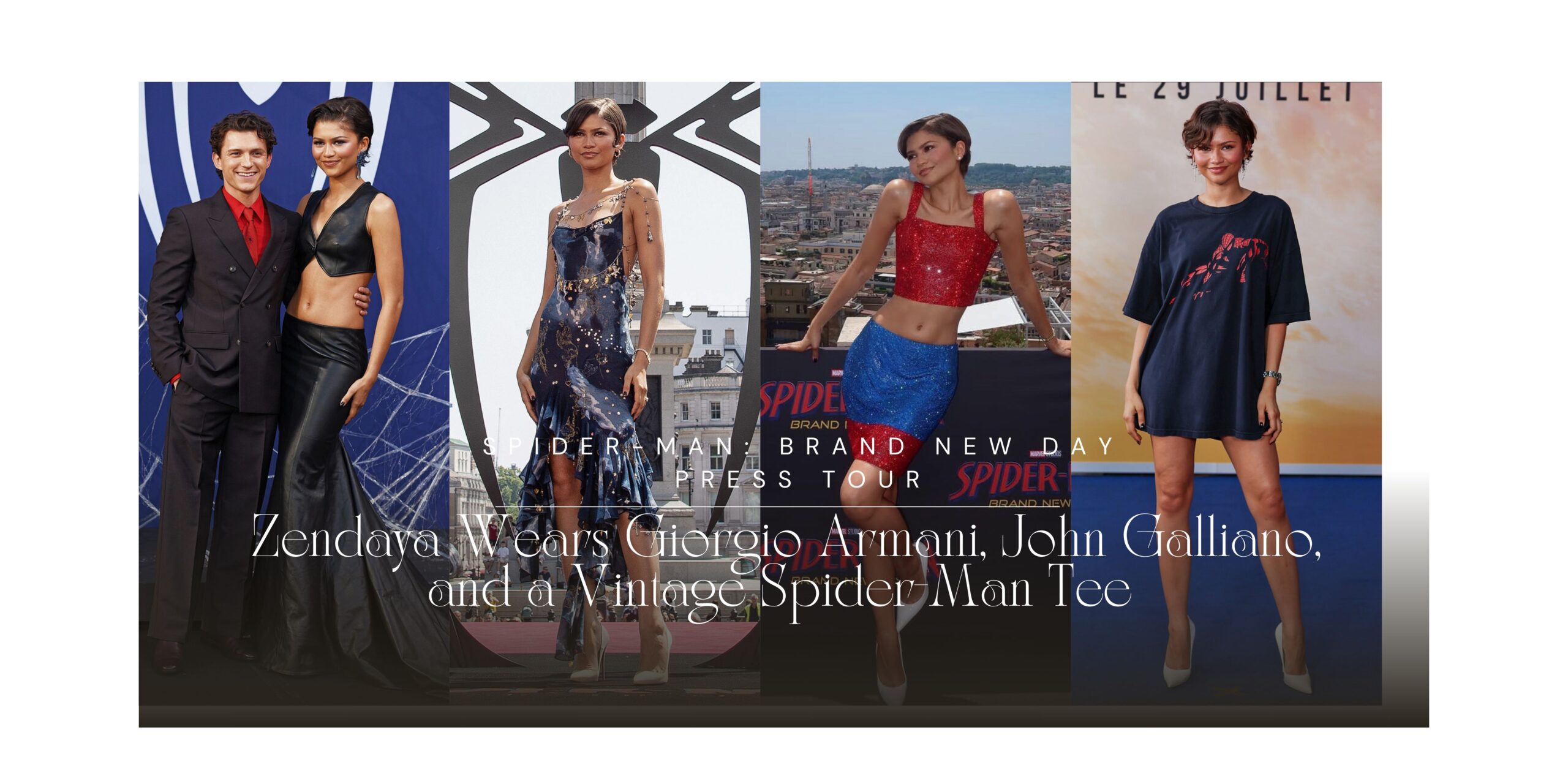 Zendaya usa Giorgio Armani, John Galliano e uma camiseta vintage do Homem-Aranha no Spider-Man: Brand New Day Press Tour