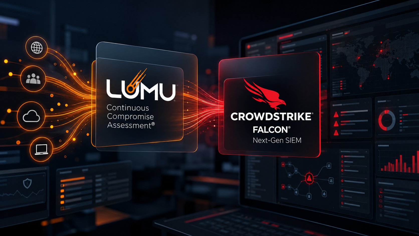 Integração LUMU e CrowdStrike em cibersegurança neon
